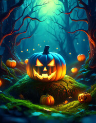Obraz premium Spooky Halloween Forest Path with Glowing Pumpkins, Blue Moonlight, and Dark Woods Perfect for Creepy Halloween. Themed Designs, Invitations, or Wallpaper Backgrounds