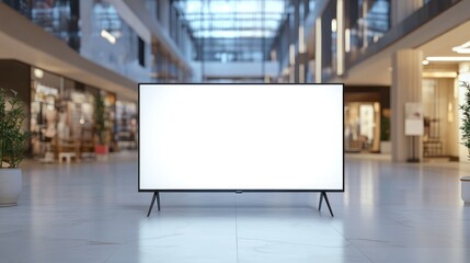A blank television screen displayed in a modern shopping mall setting.