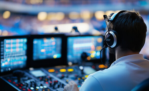 A live TV production crew member monitoring multiple screens during a broadcast event.