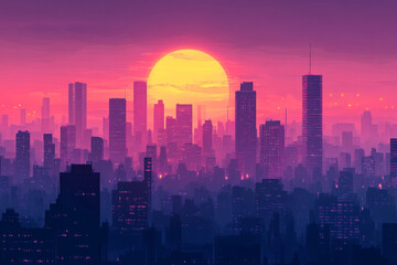 Minimalist Vector Art of a Cityscape at Sunset with Soft Hues and Clean Lines