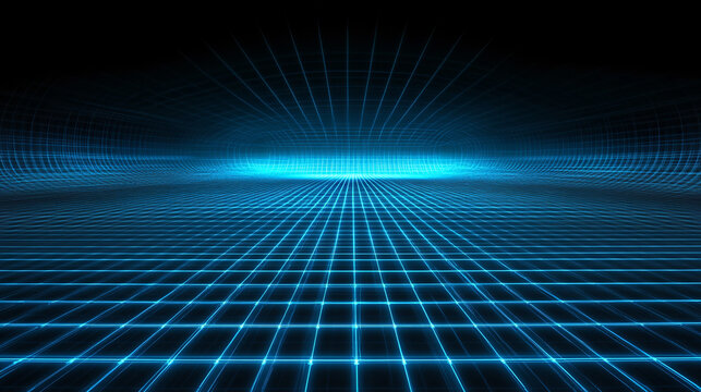 A blue grid with glowing lines on a dark background, a futuristic digital landscape background