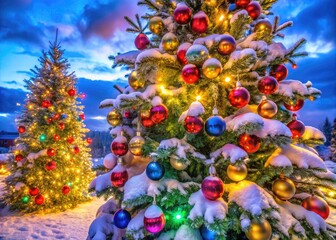 Naklejka premium Beautifully decorated Christmas tree adorned with colorful ornaments and twinkling lights in winter