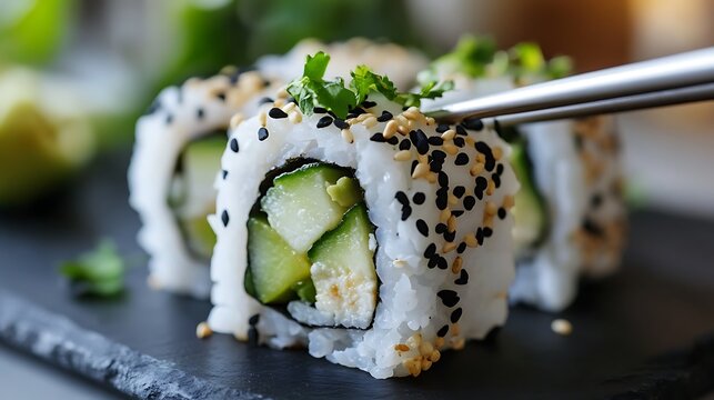 Fresh cucumber sushi roll topped with sesame seeds and herbs