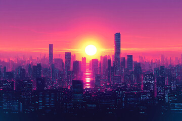 Fototapeta premium Minimalist Vector Art of a Cityscape at Sunset with Soft Hues and Clean Lines