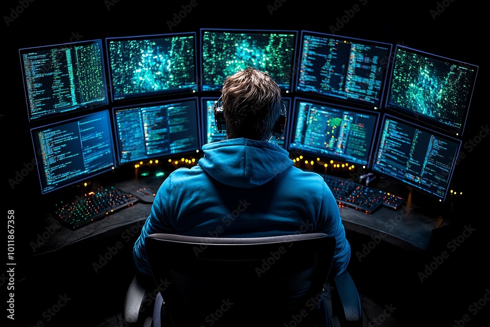 Aufkleber A hacker sitting in a dark room, illuminated only by multiple computer screens displaying stolen data, symbolizing the reality of data theft in the digital age