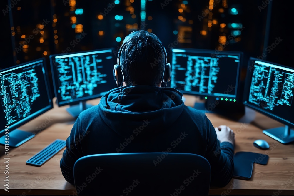 Aufkleber A hacker sitting in a dark room, illuminated only by multiple computer screens displaying stolen data, symbolizing the reality of data theft in the digital age