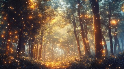 Enchanted Forest with Glowing Lights at Dusk