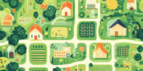 Garden Plot Assignments: Illustrate a map of a community garden with individual plots assigned to different members, showcasing organization and community involvement.