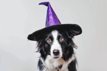 Border Collie in a purple witch hat, looking at the camera Cute and playful pose against a light grey background, perfect for Halloween or pet themed events