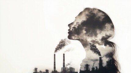 Woman Silhouette with Industrial Smoke Pollution and Factory