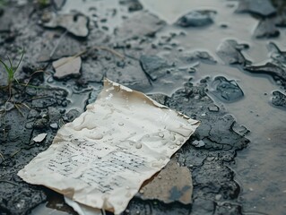 Fototapeta premium Discarded and Disheartened A Rain Soaked Letter Lies Forgotten on the Ground