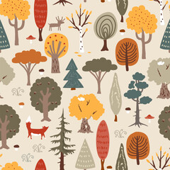 Autumn forest seamless pattern with funny trees and animals. Hand drawn background for kids fabric, wrapping, textile, wallpaper, apparel. Vector illustration.