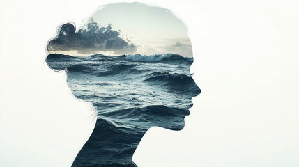 Woman Silhouette with Ocean Inside Head   Double Exposure Artwork
