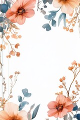 Beautiful floral frame featuring soft orange and blue watercolor flowers.