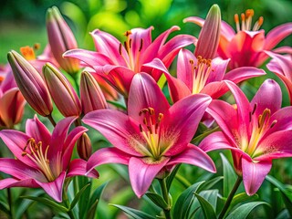 Fototapeta premium Beautiful Pink Lilies in Full Bloom Against a Soft Green Background for Nature and Floral Lovers