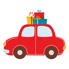 A small red car carries New Years gifts in colorful boxes on its roof. Vector cartoon illustration