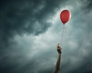 Releasing a Balloon into a Gloomy Sky Symbolizing Letting Go of Sorrow and Hopelessness