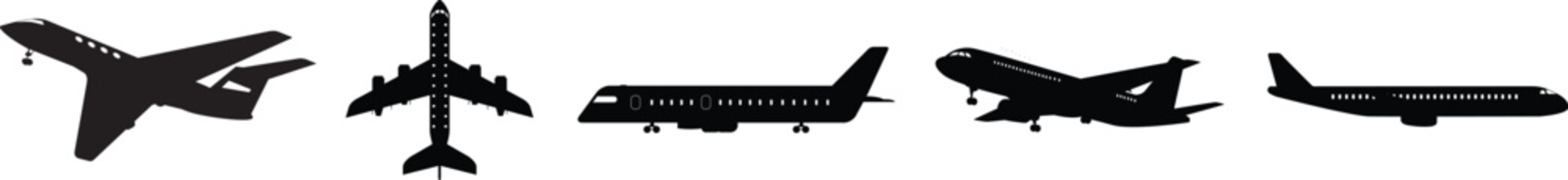 Silhouette of a black airplane on a white background. Top view, front view, side view. Illustration in vector format.