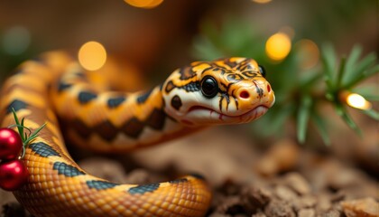 Fototapeta premium Snake and Christmas tree background.