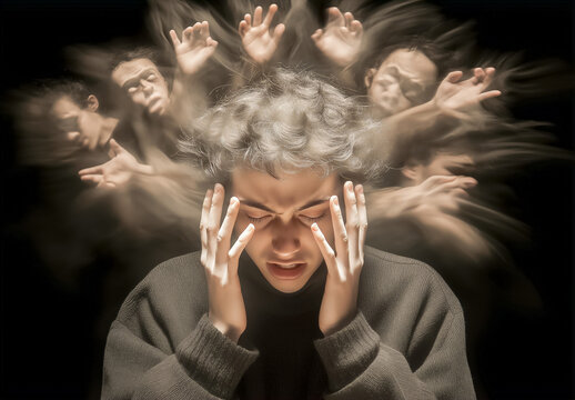 A man with gray hair, overwhelmed by fear, covers his ears and holds his head, surrounded by numerous ghostly hands reaching out from various directions against a black background.

