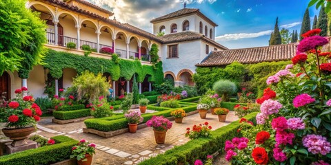 Obraz premium Beautiful Spanish Garden Style with Vibrant Flowers, Lush Greenery, and Traditional Architecture Elements