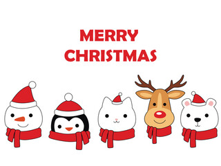 Greeting card with cute cartoon Christmas characters such as snowman, deer, cat, bear, penguin.