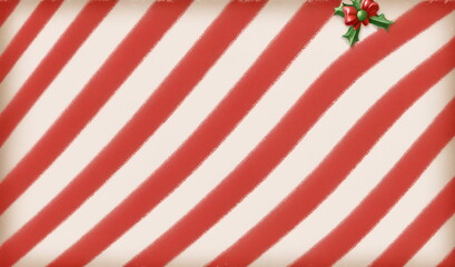 Obraz premium Christmas gift wrapping paper with diagonal red stripes and holly decoration