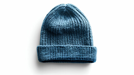 Blue knitted mockup beanie hat isolated on a white background with a soft shadow, reflecting a casual and warm fashion accessory perfect for winter seasons