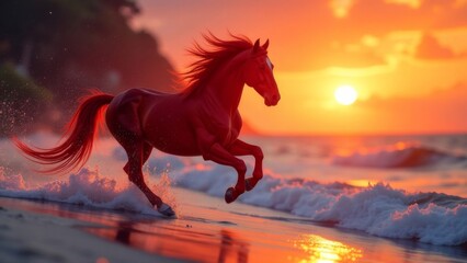 A red horse gallops along the seashore.