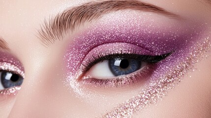 Close-up of a woman's eye with shimmering purple makeup and glitter accent, showcasing elegant eye makeup artistry and creative cosmetics.