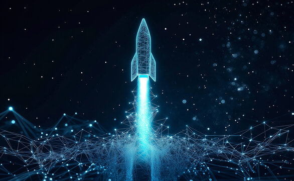 Digital illustration of a rocket launching with glowing blue lines and abstract connections.