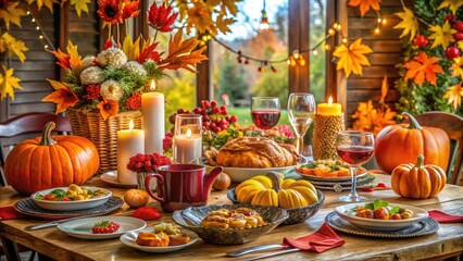 Naklejka premium Beautiful Thanksgiving Table Setting with Autumn Decorations and Delicious Food for Canadian Celebrations
