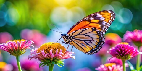 Obraz premium Beautiful vibrant butterfly resting on a delicate flower in a serene natural environment