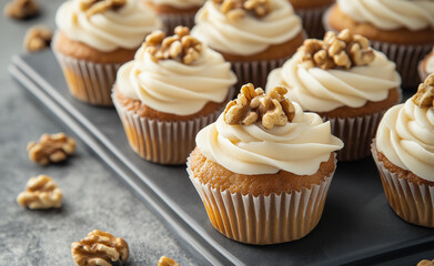 Cupcakes topped with creamy frosting and walnuts on a white plate.