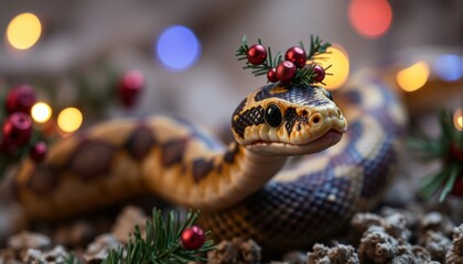 Fototapeta premium Snake and Christmas tree background.