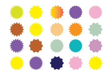Badge stars, stickers starburst shape, sale price tags, colorful sun, circle and oval label, round discount icon isolated on white background. Vector illustration.