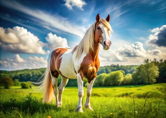 Beautiful white and brown horse standing gracefully in a lush green field during sunny weather