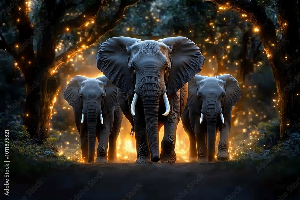 Poster A herd of elephants walking through a magical forest, with trees glowing softly and ethereal light surrounding them, creating an enchanting and fantastical scene