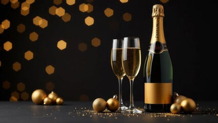 A bottle of champagne with glasses of wine on a festive background.
