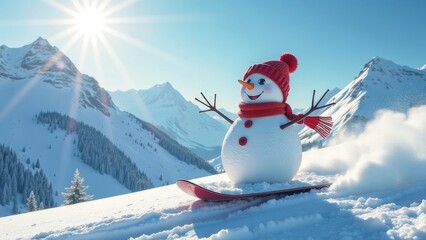 Obraz premium A cheerful snowman rushes on a snowboard.