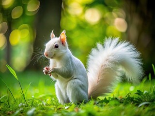 Beautiful White Squirrel foraging on the ground in a lush green park surrounded by nature's beauty