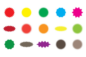 Starburst sale price labels or stickers and seals, oval and sunburst, colorful vector. Sale callout splash, star and rosette stamps or tag badges for price promotion labels or discount promo sticker 