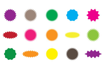 Starburst sale price labels or stickers and seals, oval and sunburst, colorful vector. Sale callout splash, star and rosette stamps or tag badges for price promotion labels or discount promo sticker 