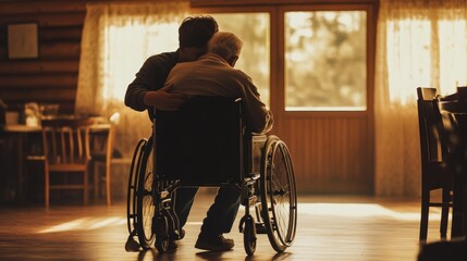 A young Caucasian man embraces an elderly man in a wheelchair, capturing a tender moment.
