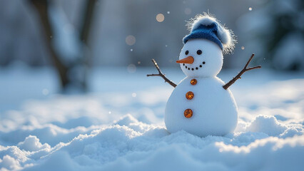 Obraz premium Snowman in a hat in the snow.