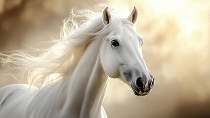 A portrait of a white horse with its mane flowing in the wind against a backdrop of soft golden light