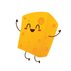 Cute happy cheese character. Funny food emoticon in flat style. Dairy emoji vector illustration.