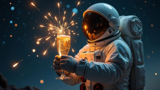 An astronaut with champagne in space against the backdrop of sparklers.