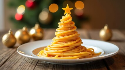 Christmas tree in the form of spaghetti on a white dish.