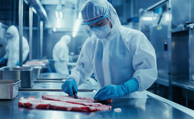 Worker in full protective gear handling meat in a sterile food processing environment.